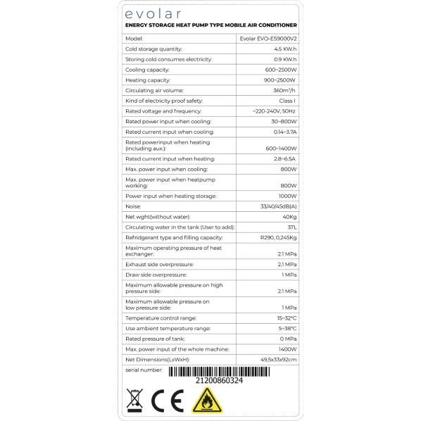 Evolar EVO-ES9000 Mobiele Airco Zonder afvoerslang
